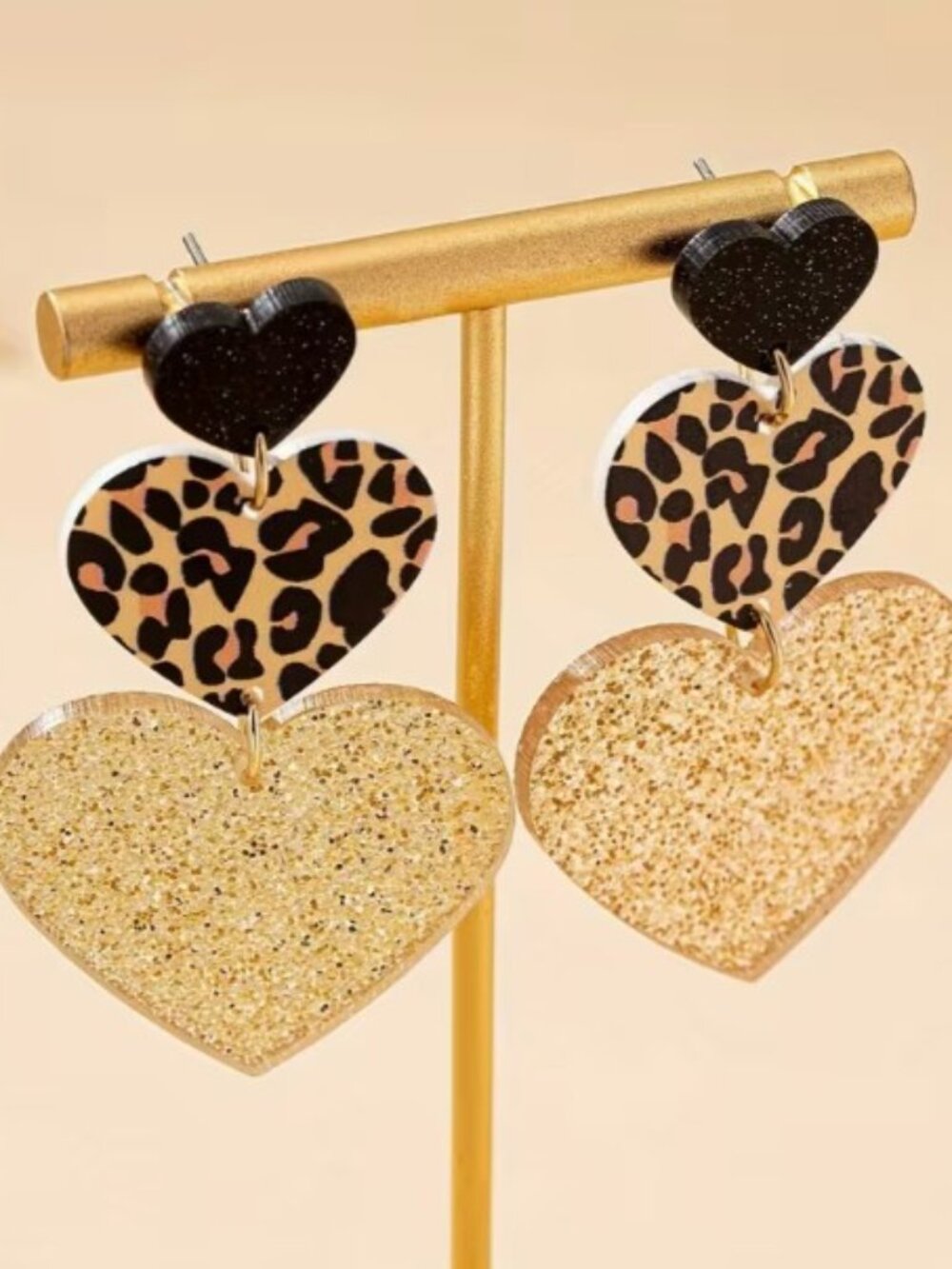 Black, Leopard & Gold Stacked Hearts Statement Dangle Earrings (NEW & SO CUTE!)